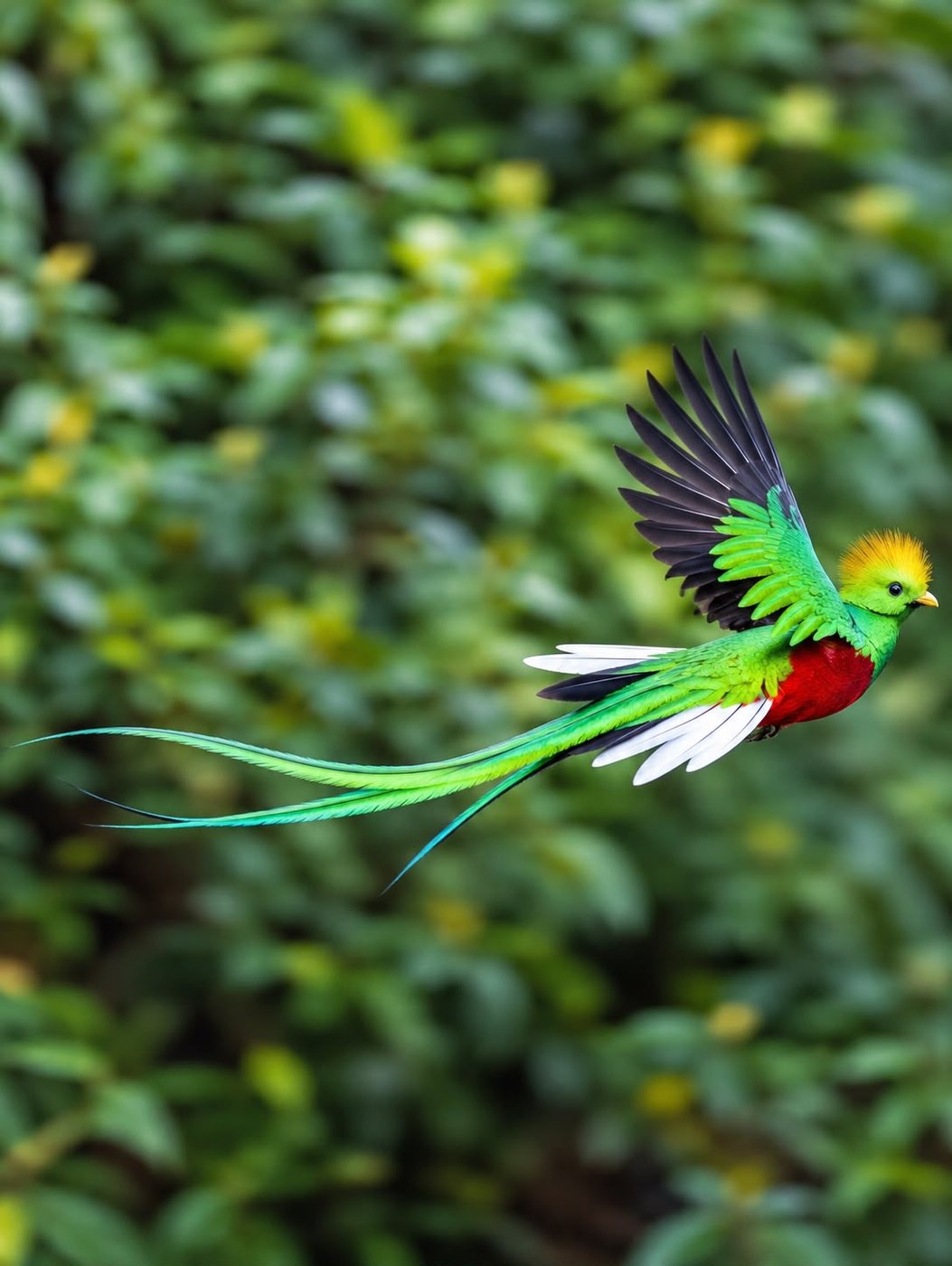 Resplendent quetzal flying through Costa Rica's cloud forest