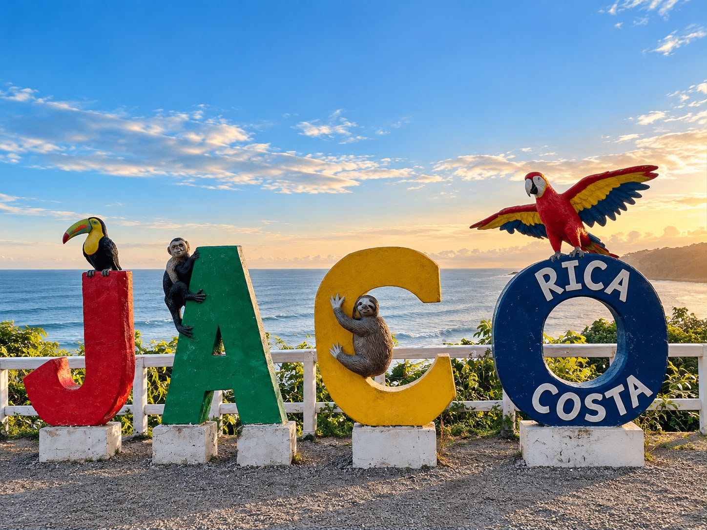 Colorful Costa Rica sign with tropical wildlife by the ocean